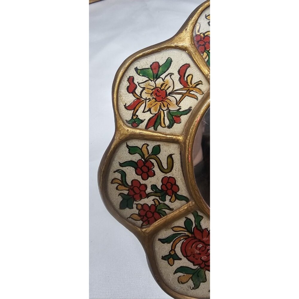 Peruvian Reverse Painted Wall Mirror Glass Handcrafted Peru Floral 6" Victorian - Picture 2 of 10